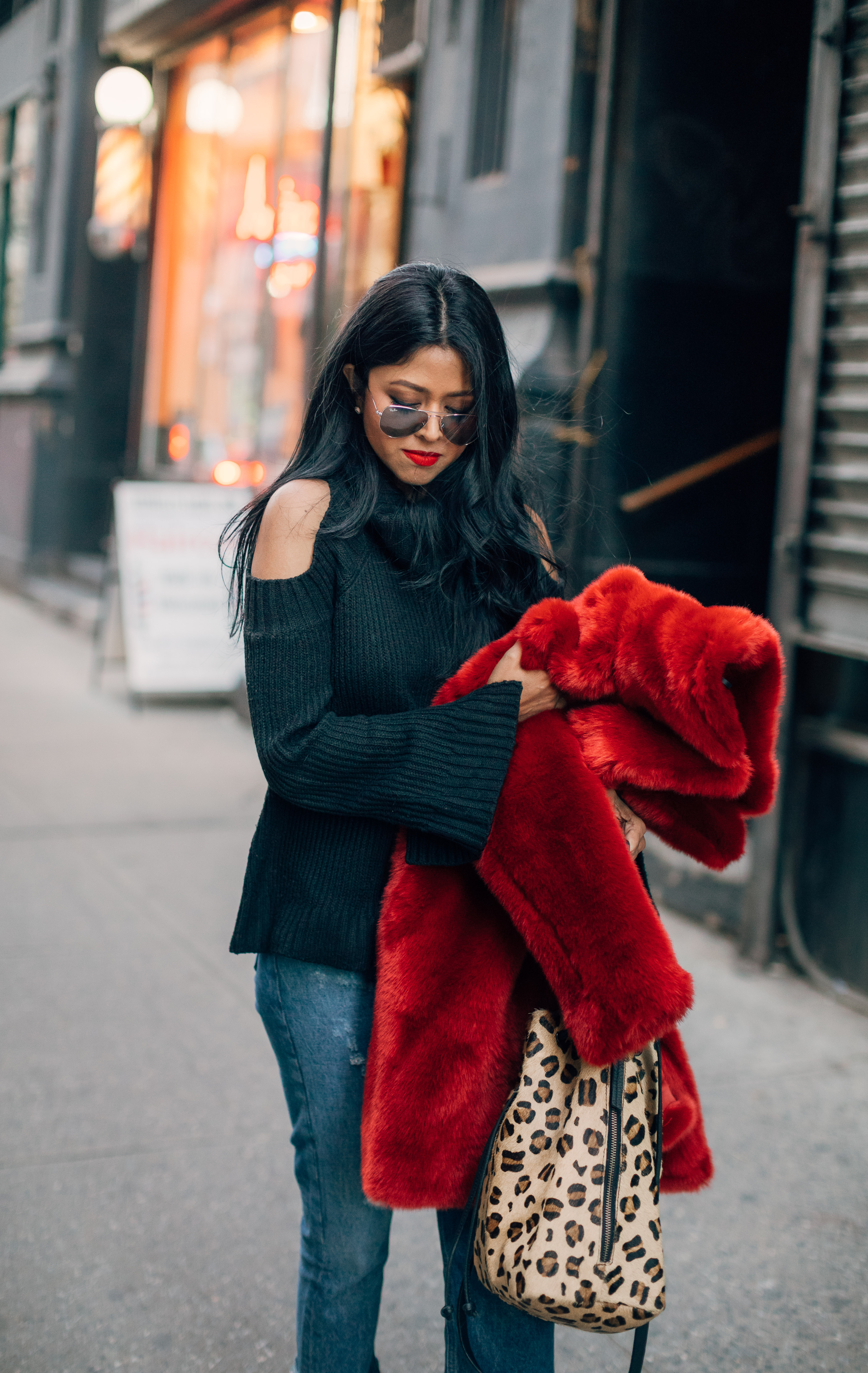 Red fur coat h&m sale