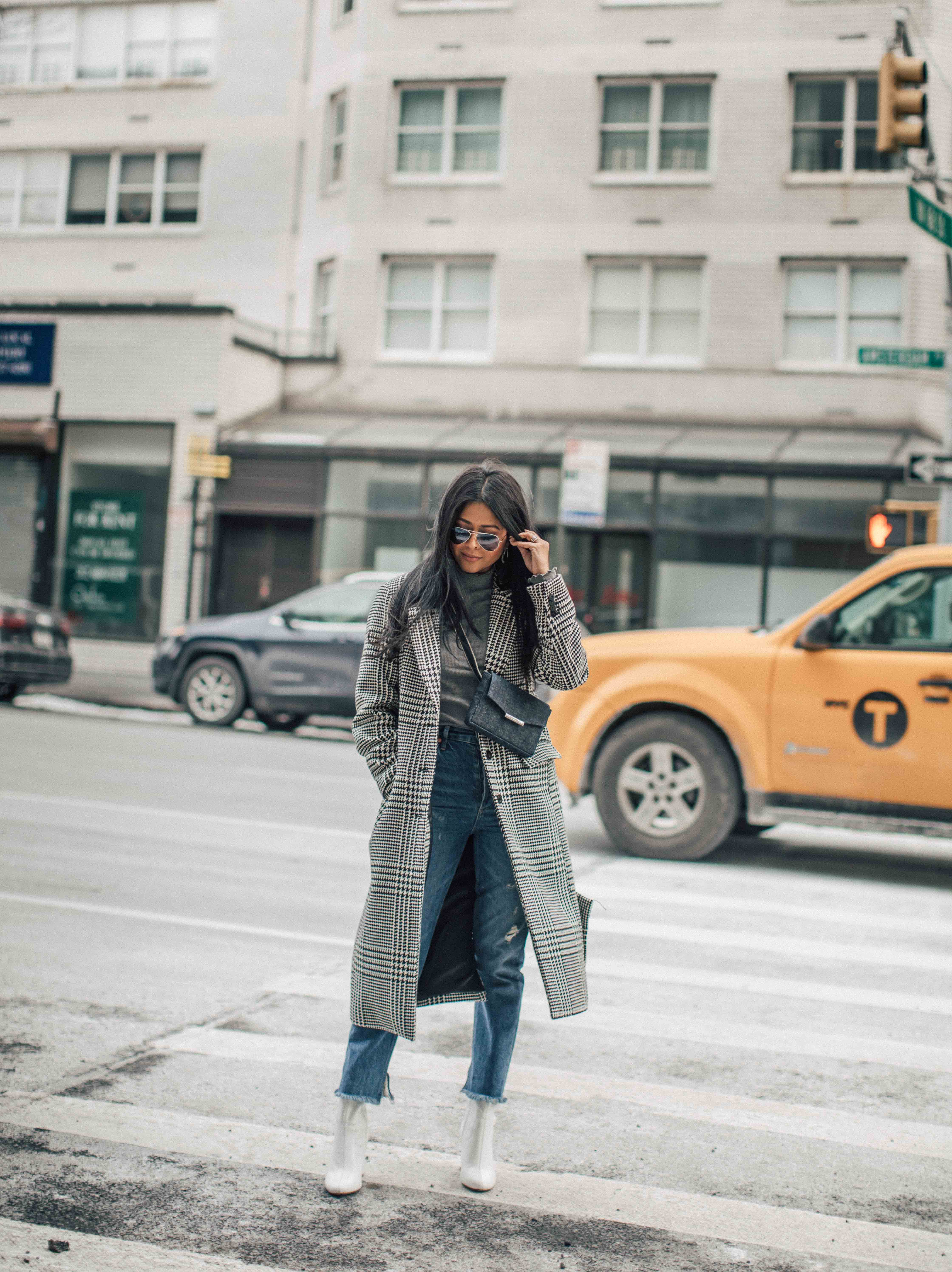 Sheryl of Walk In Wonderland wearing Kenneth Cole Alyssa White Ankle Boots and Plaid Coat