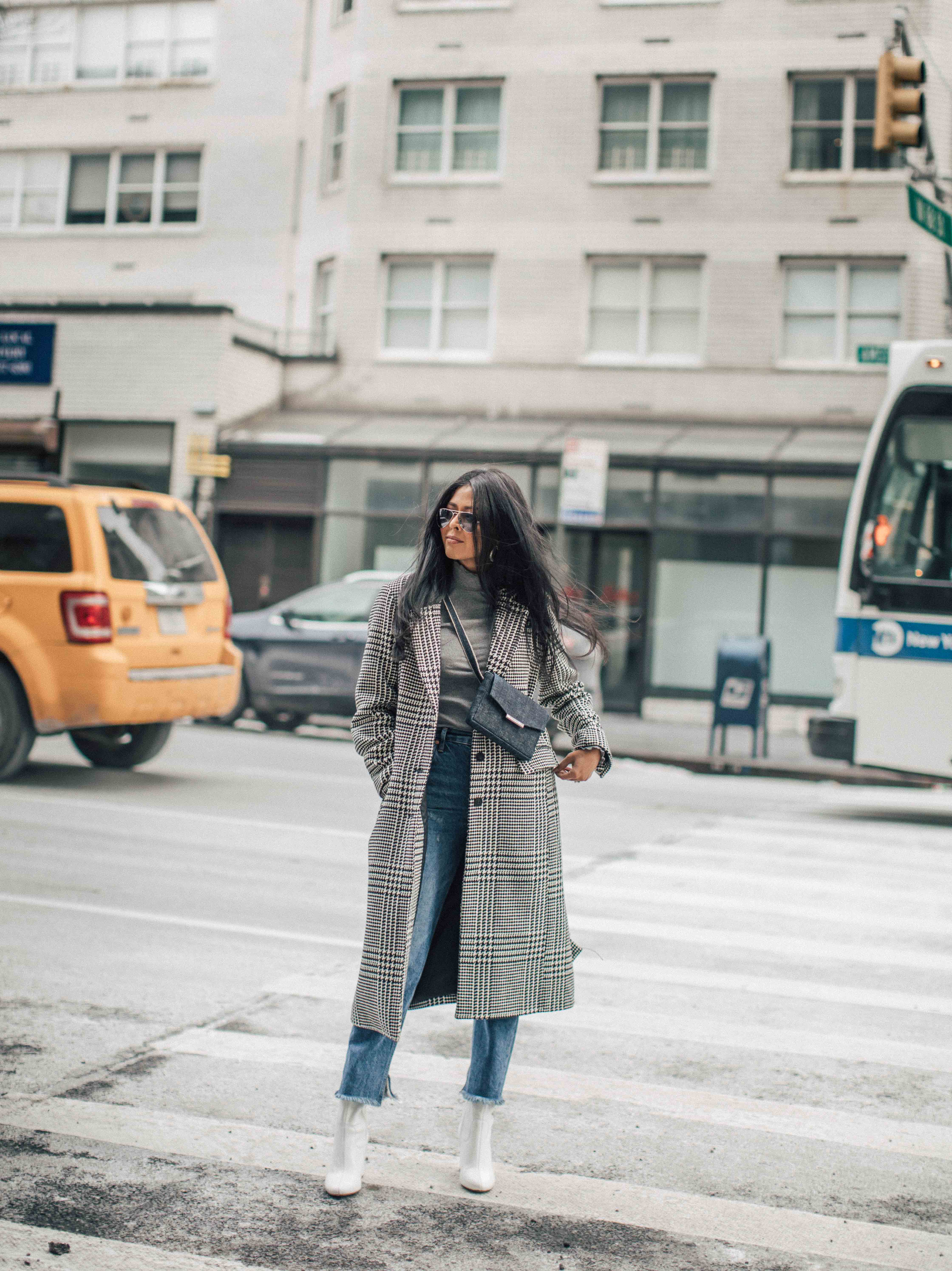 Sheryl of Walk In Wonderland wearing Kenneth Cole Alyssa White Ankle Boots and Plaid Coat