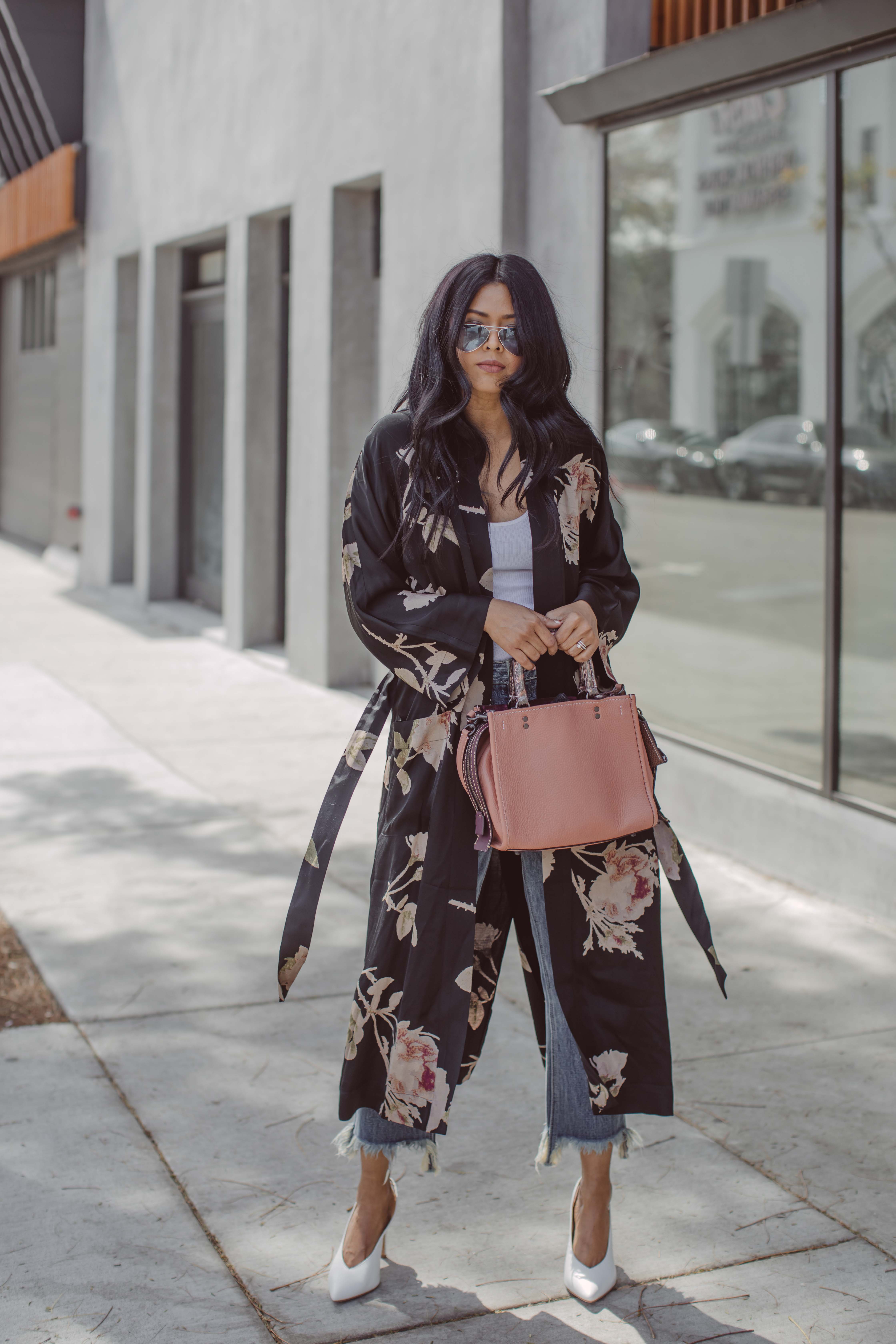 Walk In Wonderland wearing Floral Duster and White Pumps