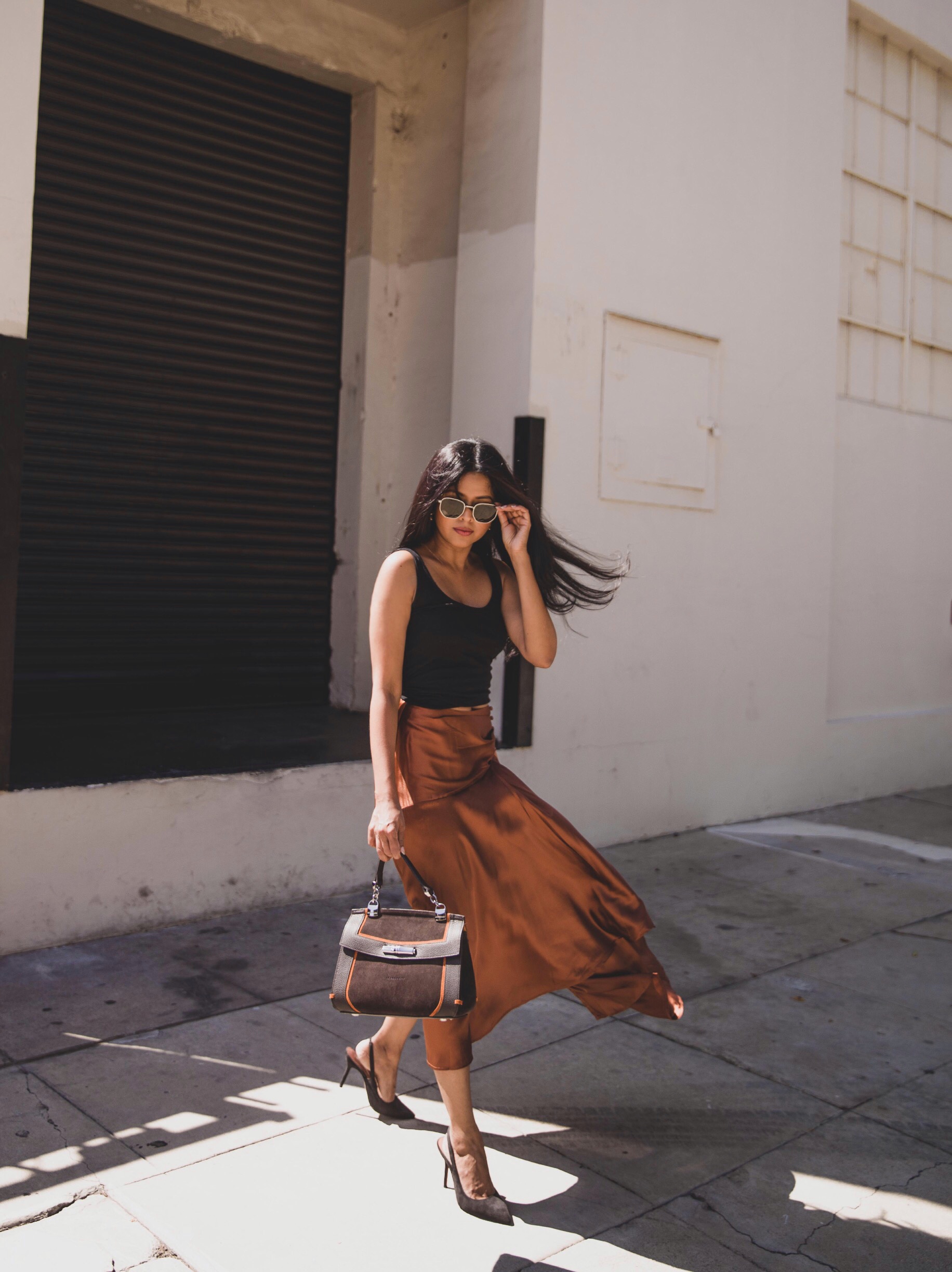 this satin midi skirt in Bronze